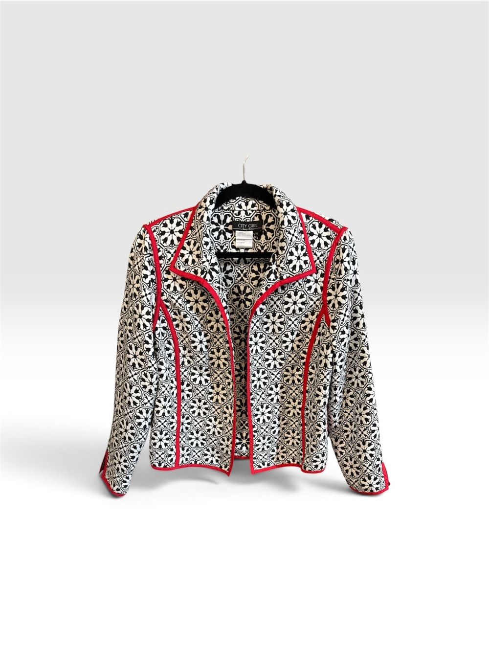Black & White Floral Pattern Blazer with Red Trim